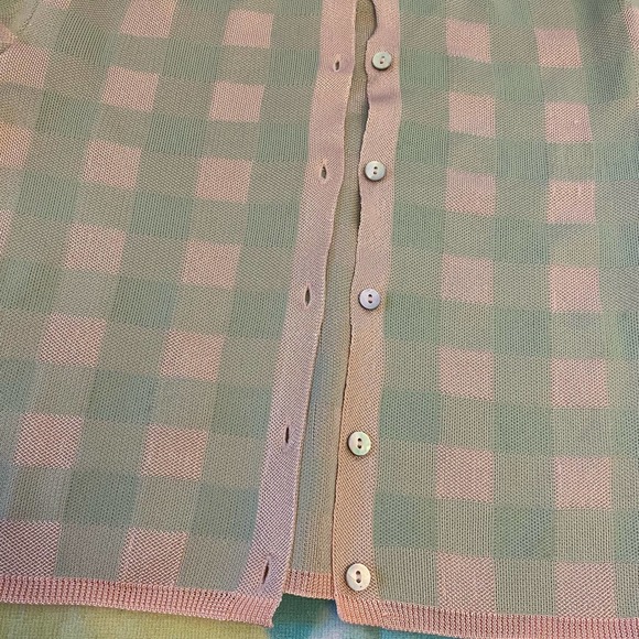 Zara green pink plaid short sleeve button up cardigan sweater, Sz M - Picture 8 of 9